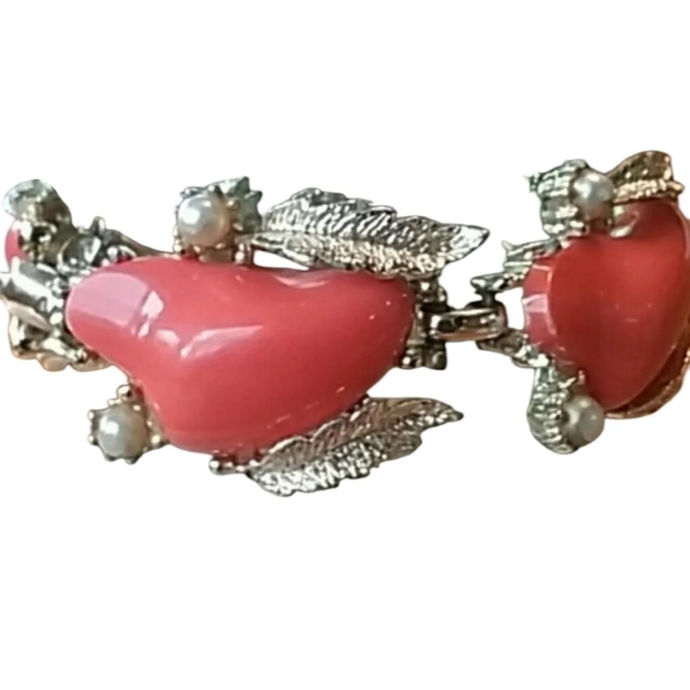 Vintage Unique Bracelet Coral Resin Stones With Pearl And Silver Accents